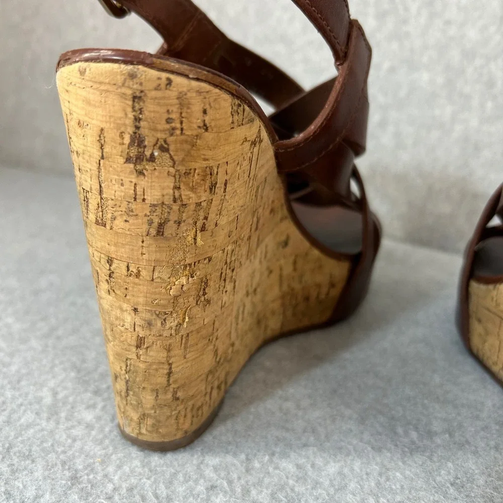 Tory Burch Ace Wedge Heels Brown Sienna Leather Strappy Cork Sandals Size‎ 7 M